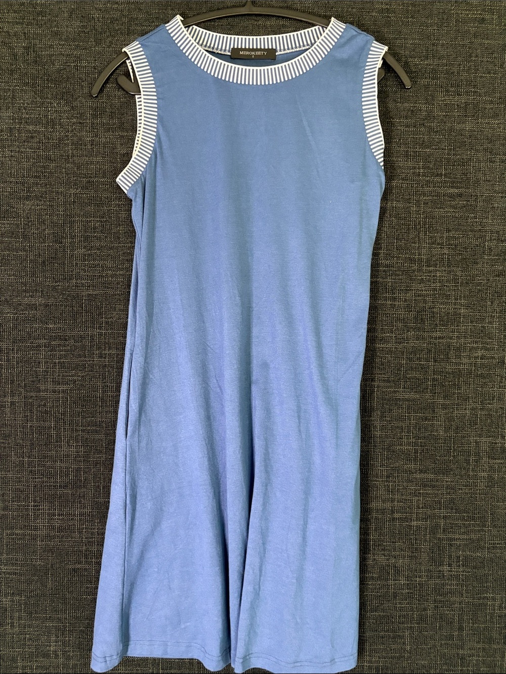 MEROKEETY Light Blue Sleeveless Midi Dress with Striped Trim